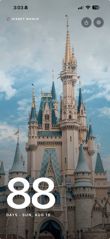 Countdown to Walt Disney World app preview showing 88 days until Sunday, August 16